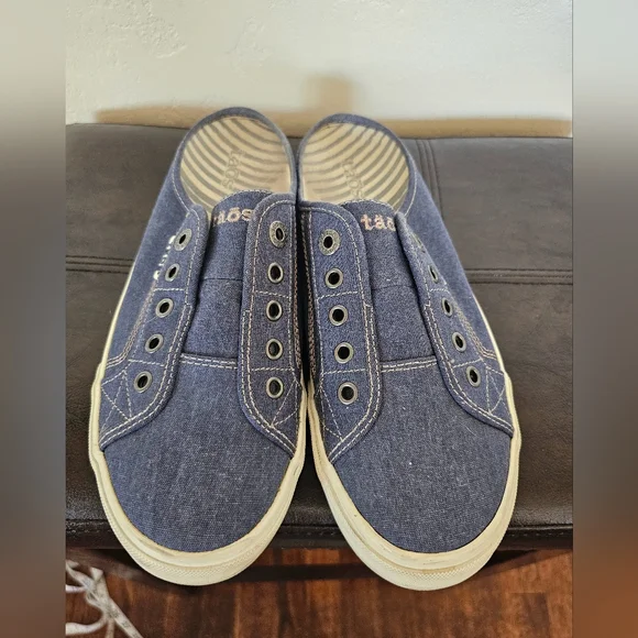 Taos Footwear Ez Soul Blue Denim White Stiching Slip-On Mules Sneakers Sz 9.5 - Picture 3 of 8